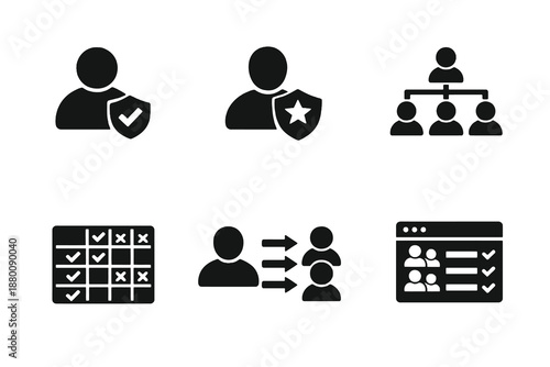 Set of 6 user role and permission management icons designed for admin panels, enterprise software and security systems. Clean monochromatic vector symbols for web and mobile use.