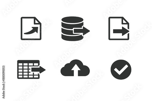 Set of 6 data export and transfer icons designed for reports, databases and digital platforms. Clean monochromatic vector symbols for web and mobile use.
