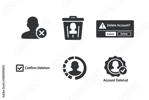 Set of 6 account removal and deletion icons designed for privacy controls, user management and security interfaces. Clean monochromatic vector symbols for web and mobile use.
