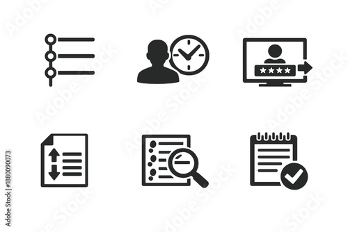Set of 6 activity log and audit trail icons designed for security monitoring, account history and system management interfaces. Clean monochromatic vector symbols for web and mobile use.