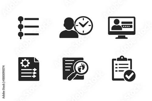 Digital user activity log icon set showing history tracking, audits and recorded actions. Monochrome flat vector icons ideal for UI, apps, websites and admin dashboards.