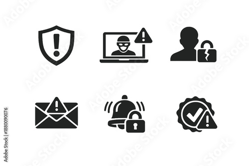 Set of 6 user security alert icons designed for threat notifications, account safety and digital protection interfaces. Clean monochromatic vector symbols for web and mobile use.