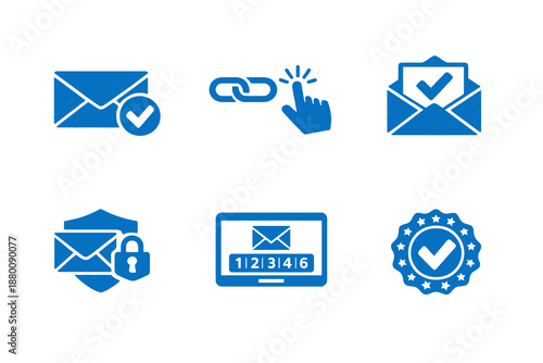 Digital email verification icon set showing confirmation emails, secure validation and account activation. Monochrome flat vector icons ideal for UI, apps, websites and onboarding flows.