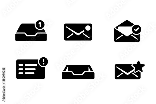 Set of 6 inbox and notification icons designed for message centers, alert panels and digital interfaces. Clean monochromatic vector symbols for web and mobile use.