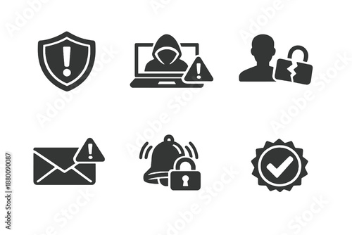 Digital security alert icon set showing warnings, suspicious activity and account protection. Monochrome flat vector icons ideal for UI, apps, websites and security dashboards.