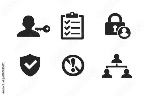 Digital access permission icon set showing user roles, access control and authorization. Monochrome flat vector icons ideal for UI, apps, websites and security dashboards.