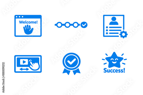 Set of 6 onboarding and user setup icons designed for SaaS platforms, software tools and digital products. Clean monochromatic vector symbols for web and mobile interfaces.