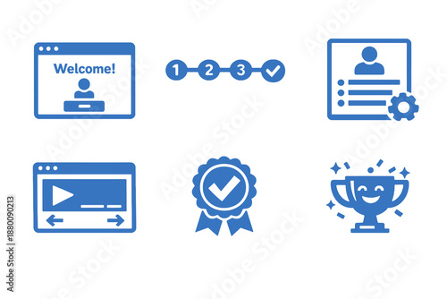 SaaS user onboarding icon set showing setup steps, tutorials and account activation. Monochrome flat vector icons ideal for UI, apps, websites and dashboards.