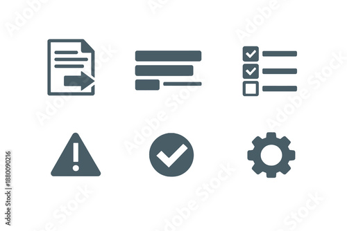 Online form submission icon set showing inputs, validation and successful form sending. Monochrome flat vector icons ideal for UI, apps, websites and dashboards.