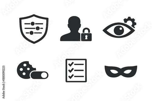 Digital privacy settings icon set showing permissions, data control and user protection. Monochrome flat vector icons ideal for UI, apps, websites and dashboards.