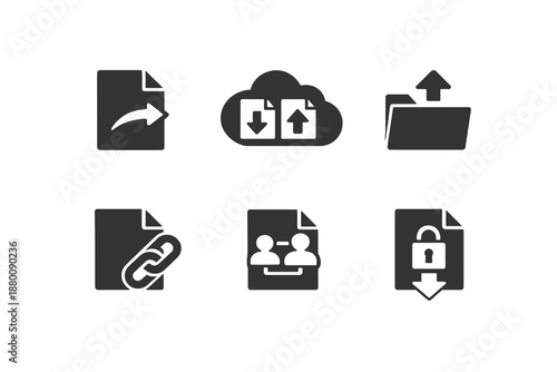 Set of 6 file sharing and transfer icons designed for cloud platforms, collaboration tools and digital services. Clean monochromatic vector symbols for web and mobile interfaces.