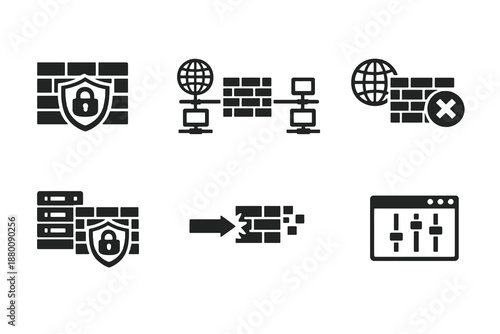 Cybersecurity firewall icon set showing network protection, blocked threats and secure systems. Monochrome flat vector icons ideal for security UI, apps and websites.