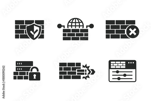 Set of 6 firewall and network security icons designed for cybersecurity platforms and IT dashboards. Clean monochromatic vector symbols for software and web interfaces.