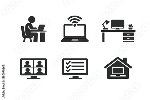Remote work and home office icon set showing work from home, online meetings and productivity. Monochrome flat vector icons ideal for UI, apps and business websites.