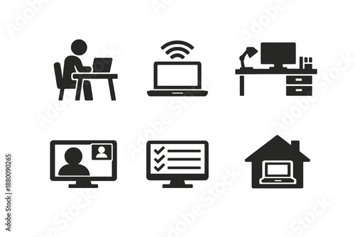 Set of 6 work from home icons designed for remote teams, digital workplaces and productivity platforms. Clean monochromatic vector symbols for web and mobile interfaces.