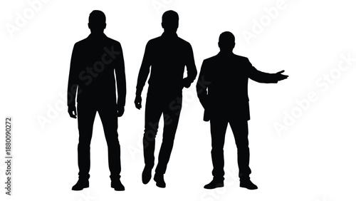 Three silhouetted figures stand against a white background with one gesturing outwards