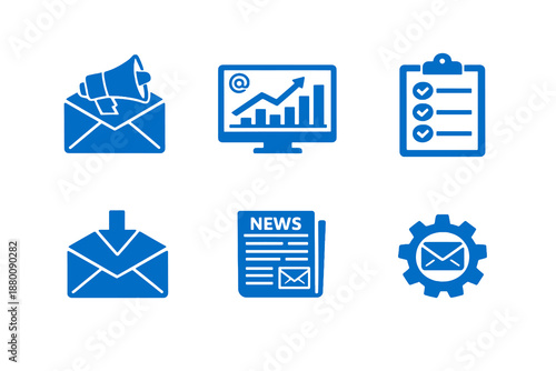 Set of 6 email marketing icons designed for digital campaigns, communication platforms and analytics dashboards. Clean monochromatic vector symbols for web and mobile interfaces.