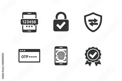 Two-factor authentication icon set showing secure login, verification codes and identity protection. Monochrome flat vector icons ideal for security UI, apps and websites.