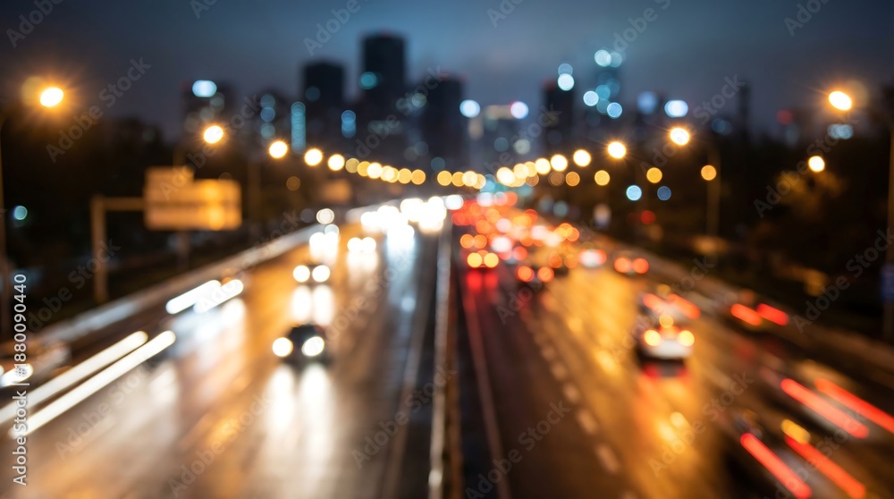 Naklejka premium a blurred view of a city highway at night showcasing streaking headlights and taillights of moving vehicles during inclement weather