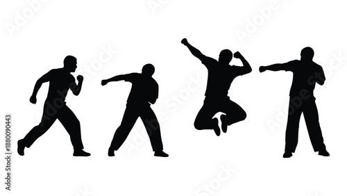 Silhouettes of people demonstrating various martial arts poses and movements in black