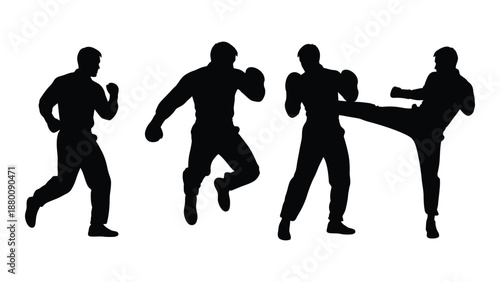 Silhouette series depicting dynamic martial arts poses and movements of human figures