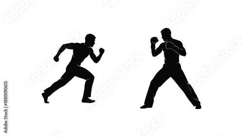 Dynamic silhouettes of two men engaging in a boxing match or martial arts practice