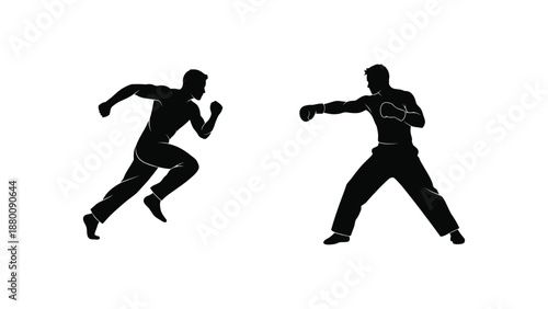 Dynamic silhouettes of a runner and a boxer captured in mid action against a white background