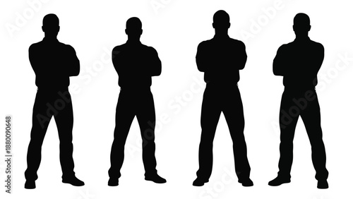 Four male silhouettes stand with arms crossed presenting a unified and strong visual impression