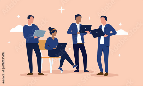 Team of computer workers - Four developers in business working on laptops smiling and being great together. Digital teamwork concept in flat design vector illustration with beige background