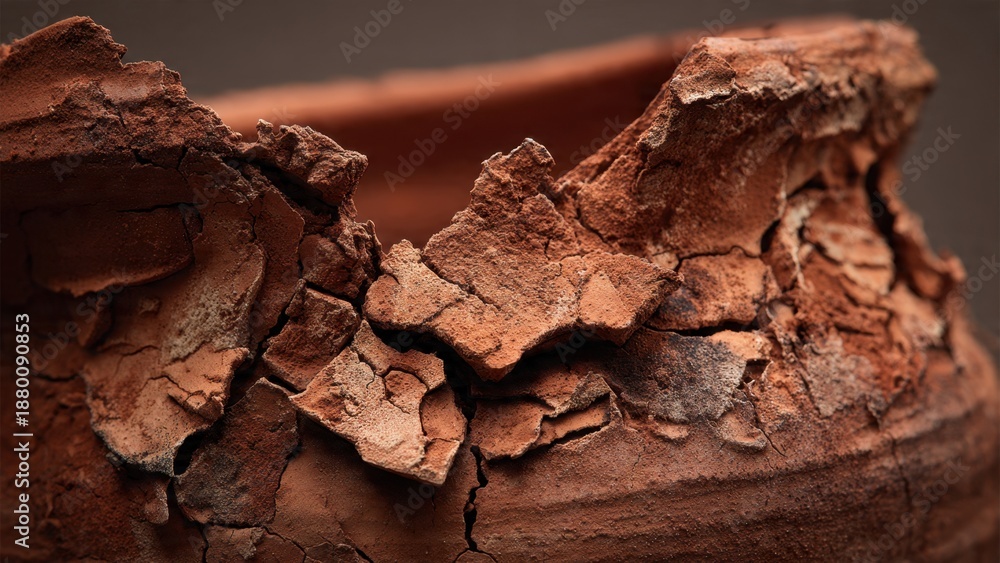 Fototapeta premium Broken terracotta pottery fragment close-up