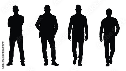 Silhouettes of four men in suits walking representing modern business and style