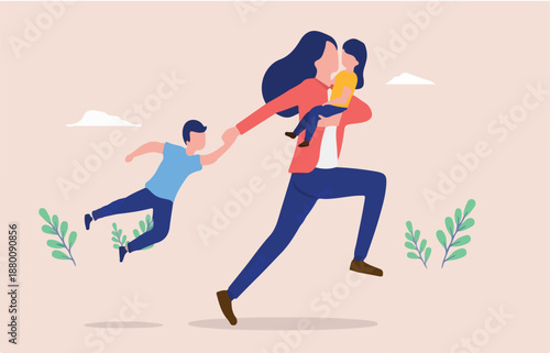 Stressed mother - Woman parent running with children in urgency and hurry. Parenting time crunch and stress concept. Flat design vector illustration