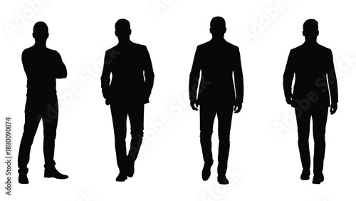 Silhouettes of four men in suits standing in a row arms crossed or down