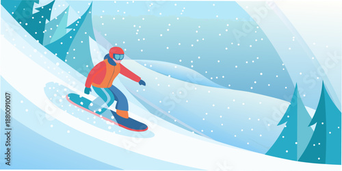 A snowboarder gracefully descends a snowy mountain slope in winter