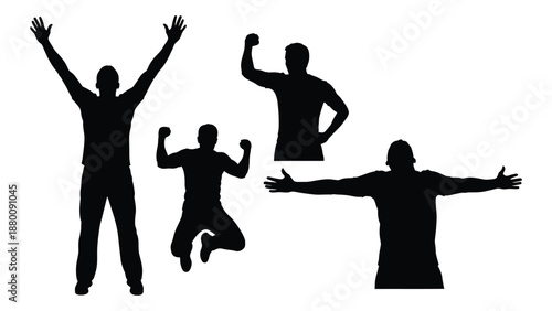 Four black silhouettes of people jumping and celebrating with arms raised