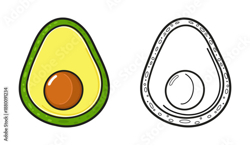 Avocado fruit cartoon illustration with coloring page outline