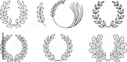 Laurel wreath icons set. Wheat and oak wreaths symbol collection. one line Art icon drawing vector
