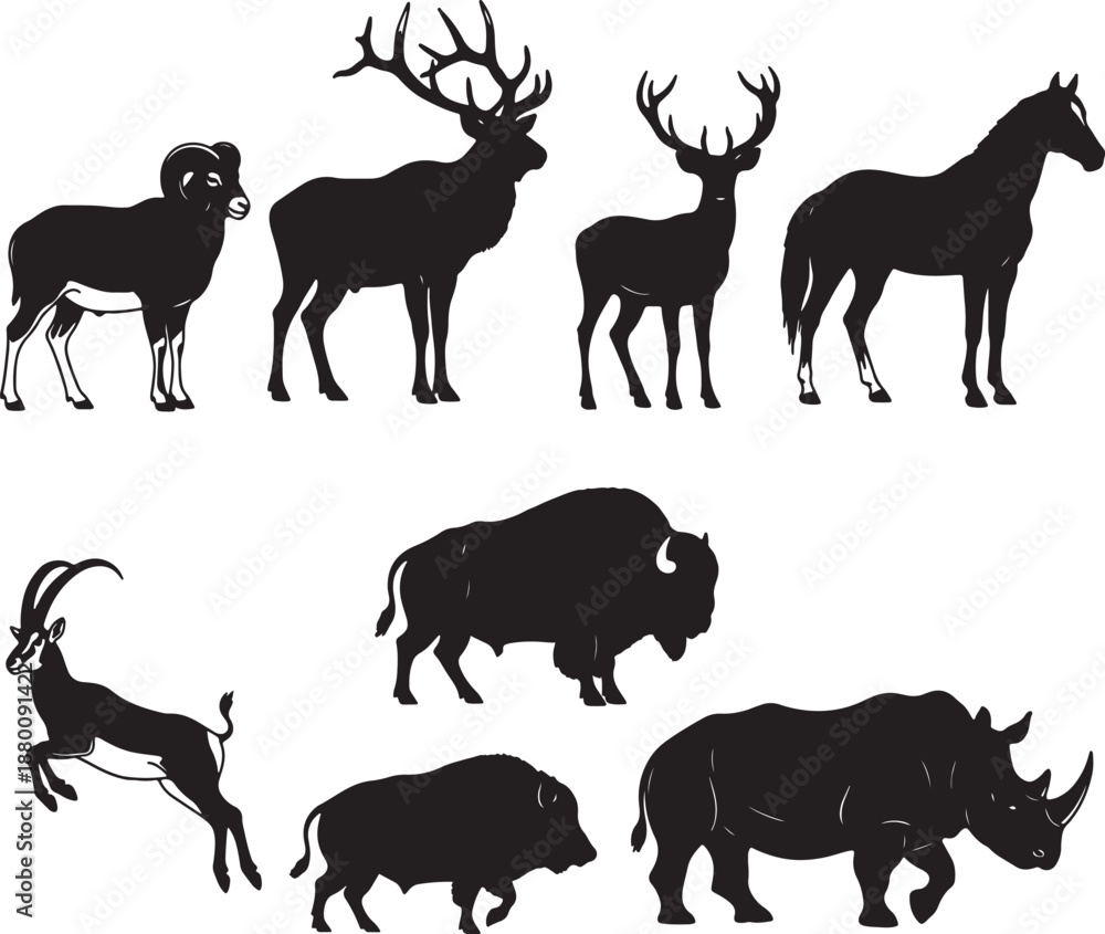 Fototapeta premium Black silhouettes of various horned animals including sheep, deer, goat, bison, and rhinoceros also transparent background