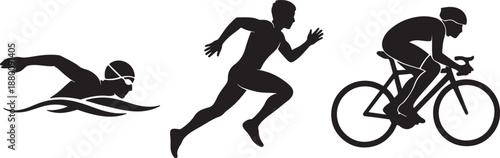 Black silhouettes of a swimmer, runner, and cyclist in action also transparent background swimming