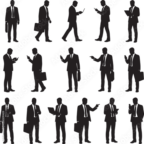 Black silhouettes of business people in suits with ties and briefcases in various poses also transparent background