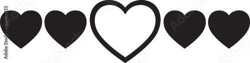 Five black heart shapes in a row with one larger heart in the center and four smaller hearts on each side also transparent background