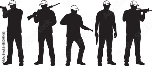 Five Silhouettes of People Wearing Caps and Holding Guns in Various Positions also transparent background