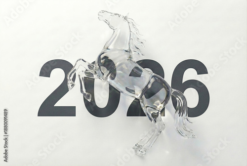 A stunning 3D conceptual photo featuring a crystal clear glass horse rearing elegantly over the bold numbers 
