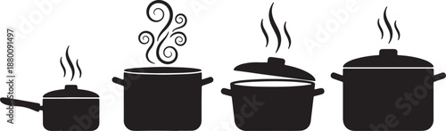 Four Black Pots with Steam and Swirls also transparent background cooking