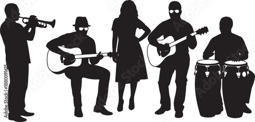 Silhouette of five musicians playing instruments including trumpet, guitars, and drums on a white background also transparent background