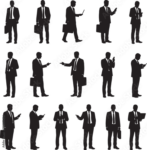 Silhouettes of men in business suits with ties and briefcases in various poses also transparent background