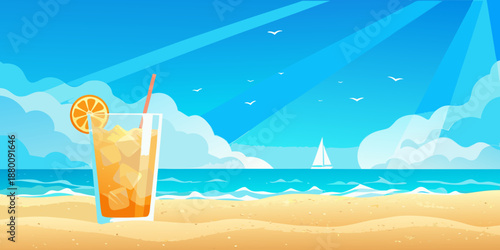 Refreshing orange drink on a sunny beach with a distant sailboat
