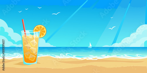 A refreshing orange drink beside a calm beach under a bright sky