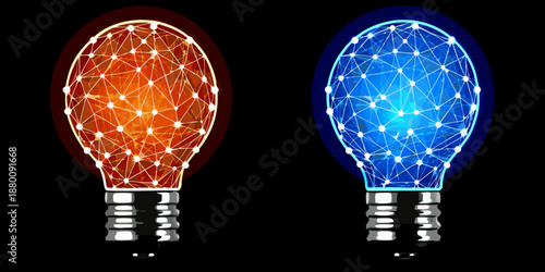 Two glowing light bulbs formed by interconnected nodes and lines