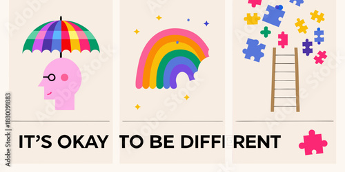 Illustration depicting a head umbrella rainbow ladder and puzzle pieces